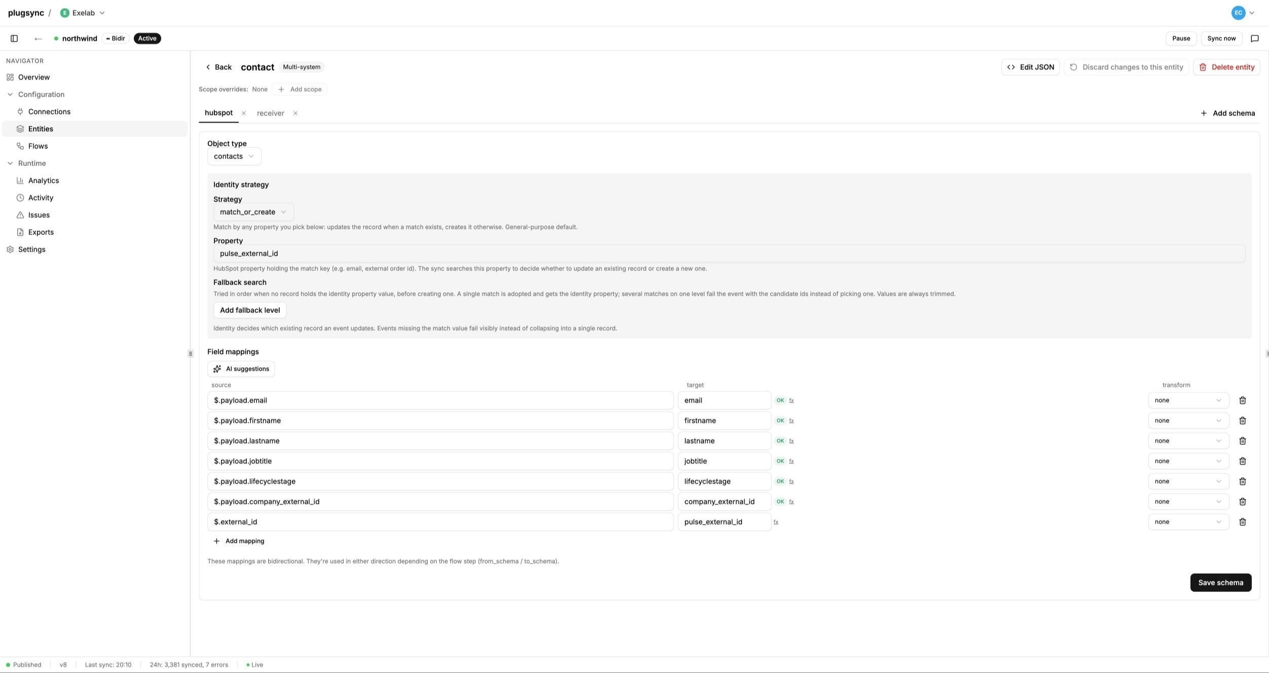 Contact identity strategy and bidirectional field mappings in the plugsync connector.