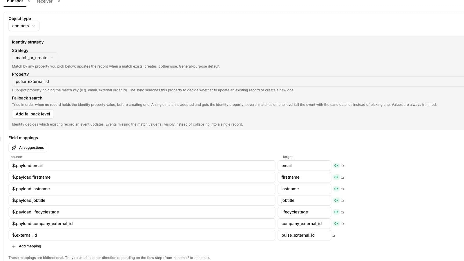 Identity strategy and contact field mappings in a plugsync connector.